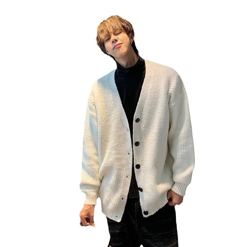Men's loose-fit cotton blend cardigan sweater with V-neck collar and long sleeves in solid colour