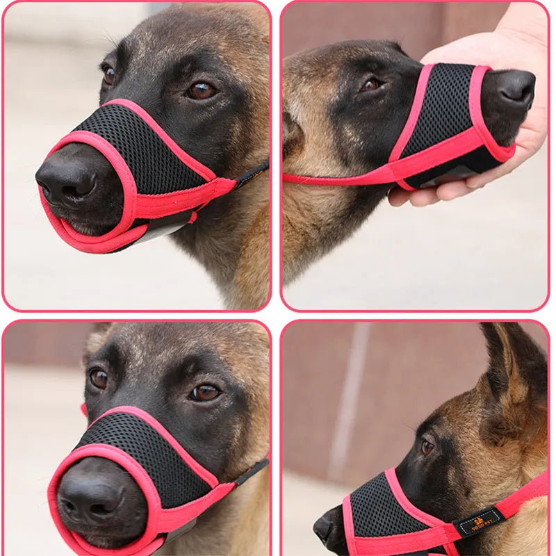 Adjustable breathable mesh pet muzzle with Velcro fastening and ABS grip in black colour