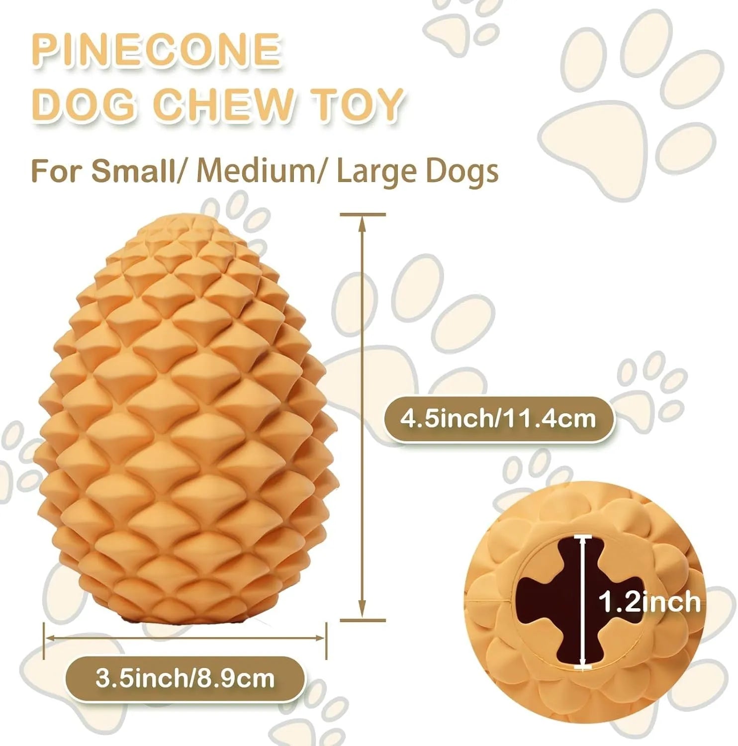 Yellow natural rubber pine cone dog chew toy with treat dispenser hole on a white background.