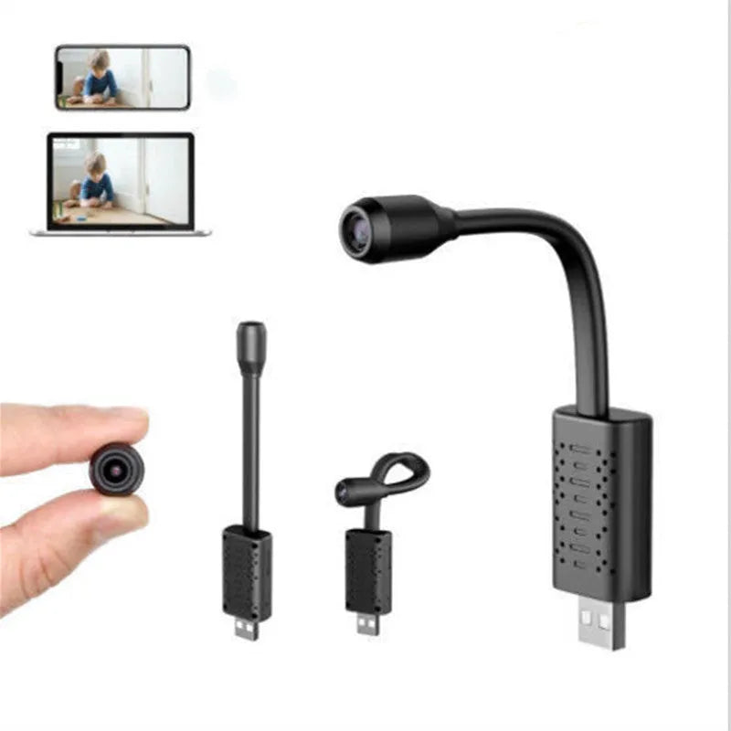 Black V380 wireless USB HD camera showing compact 158mm long design.
