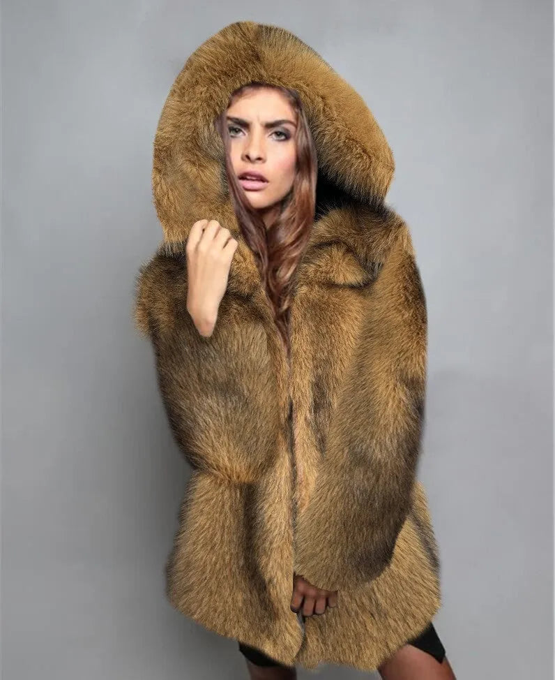 Women's silver grey artificial fur mid-length coat with loose fit and regular sleeves
