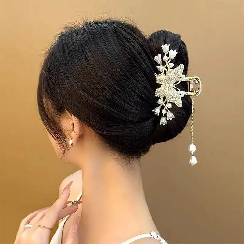 Women's large alloy butterfly tassel barrette with electroplating finish