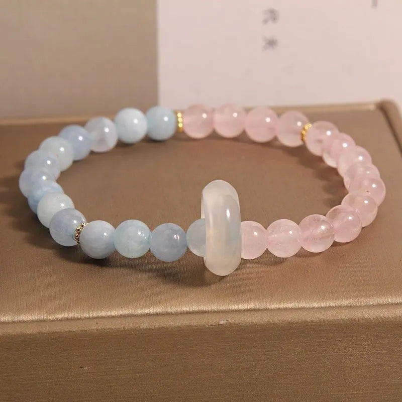 Handmade aquamarine crystal dopamine bracelet for women with mixed materials and geometric design