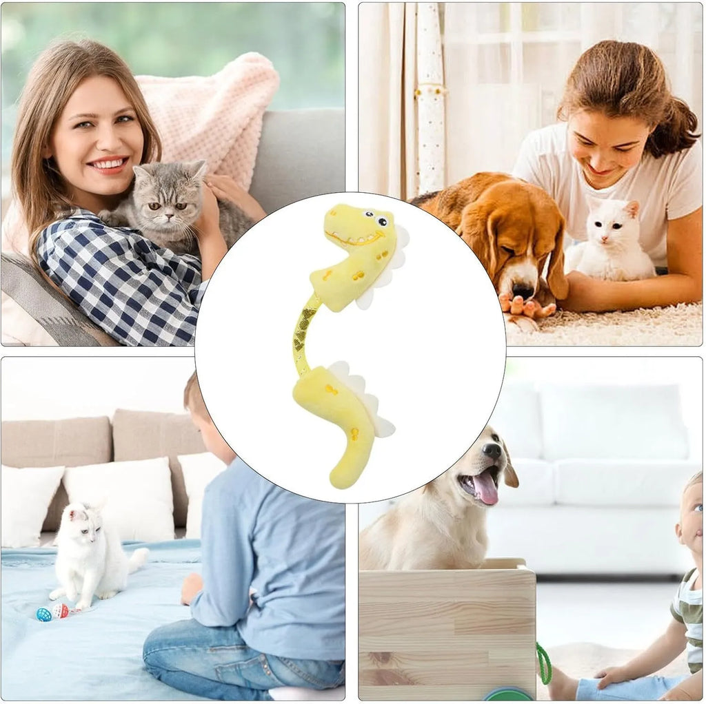 Set of four cat toys including catnip rope, interactive kicker, spring, and plush chew toys in pink, purple, and yellow