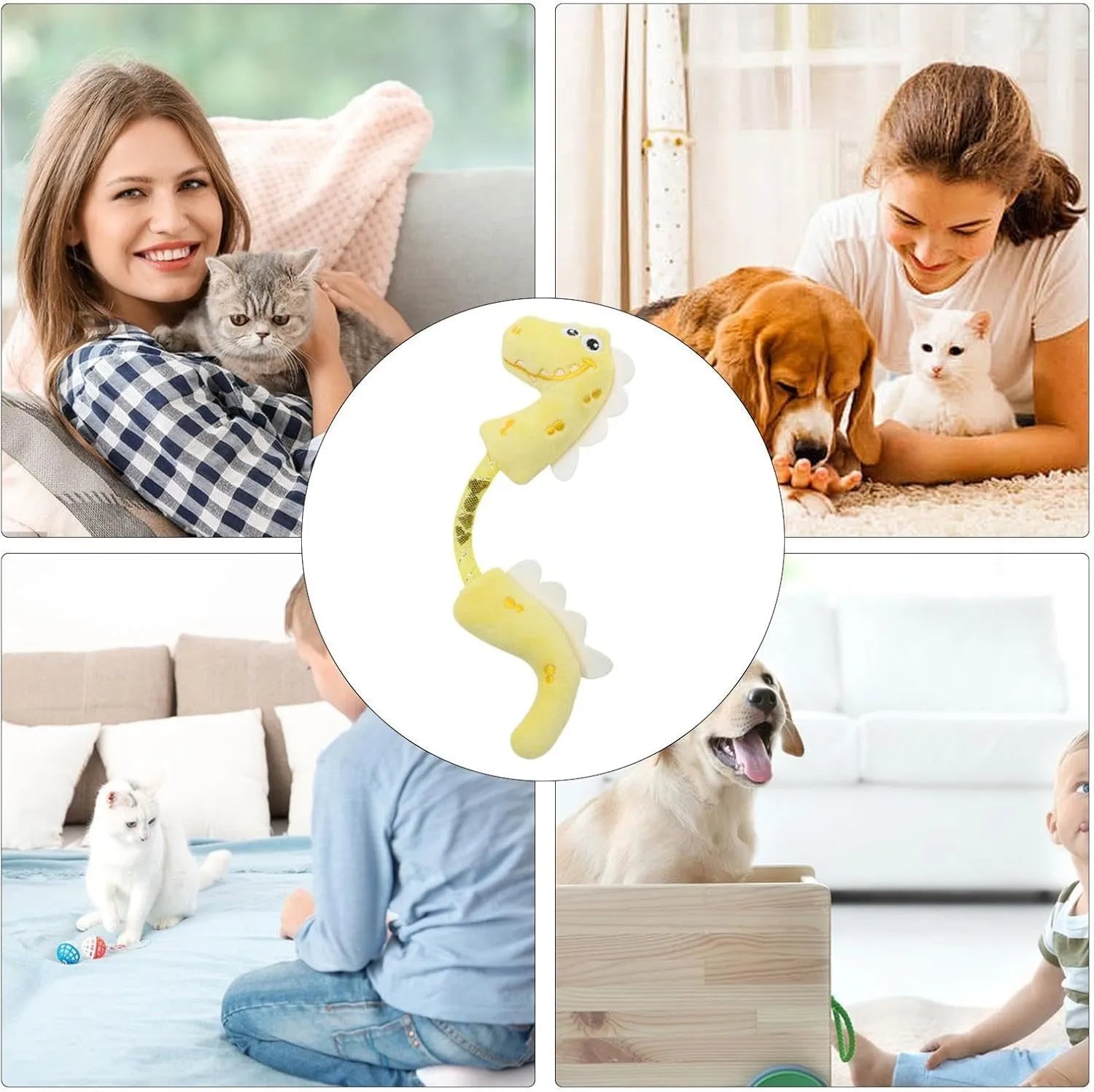 Set of four cat toys including catnip rope, interactive kicker, spring, and plush chew toys in pink, purple, and yellow