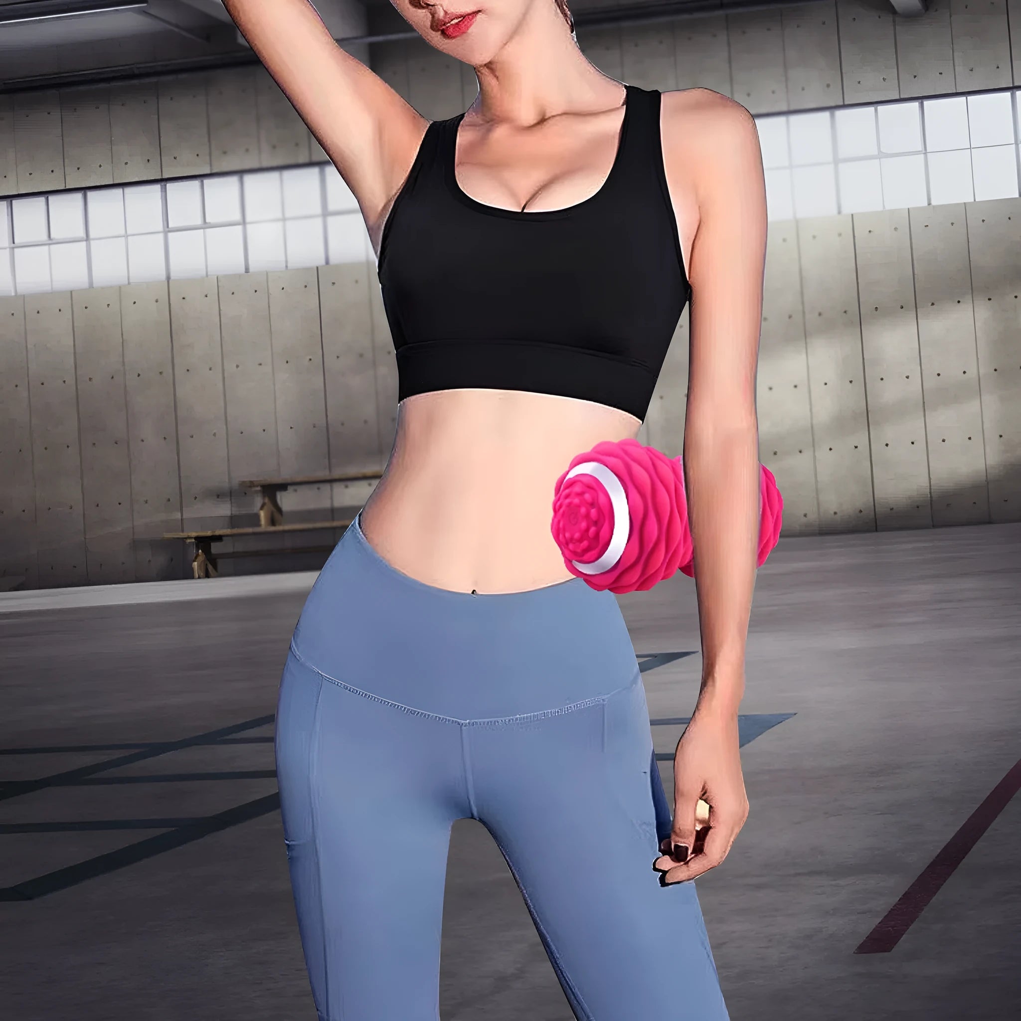 Electric peanut fascia massage ball in black and sky blue on a gym floor for muscle recovery