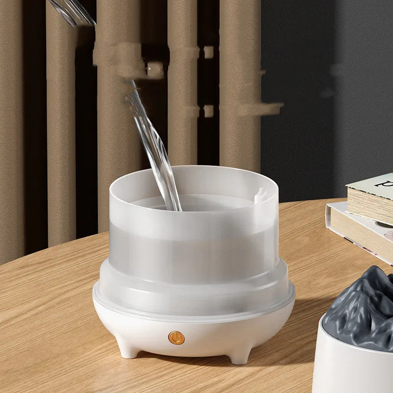 Volcano-shaped ultrasonic humidifier in black colour with USB cable
