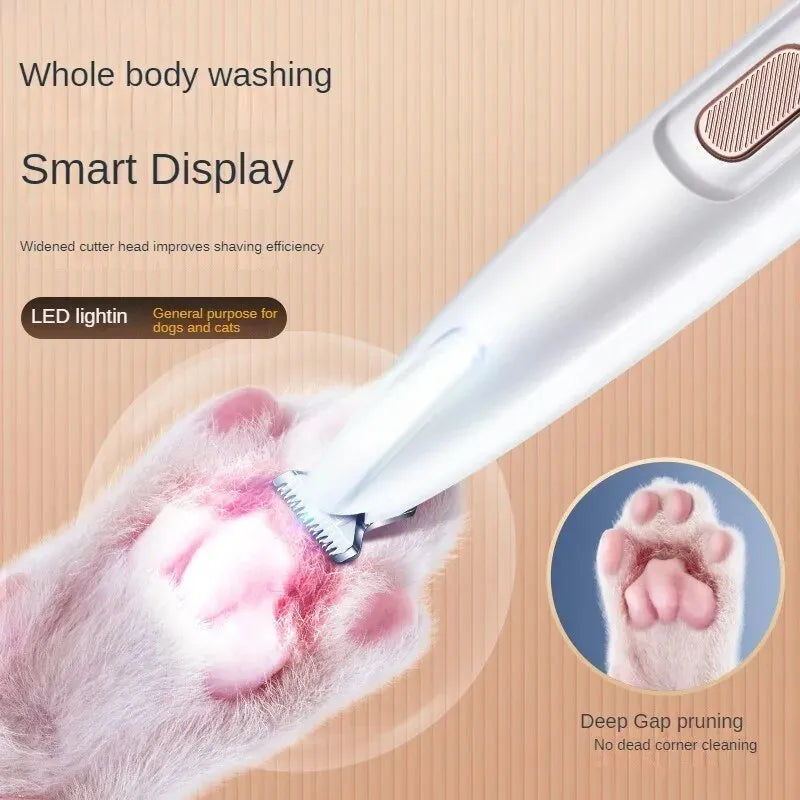 White dog paw trimmer with LED light and 18mm blade for quiet grooming