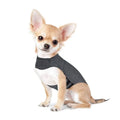 Heather grey dog anxiety jacket vest on a size chart showing seven options from XXS to XXL.