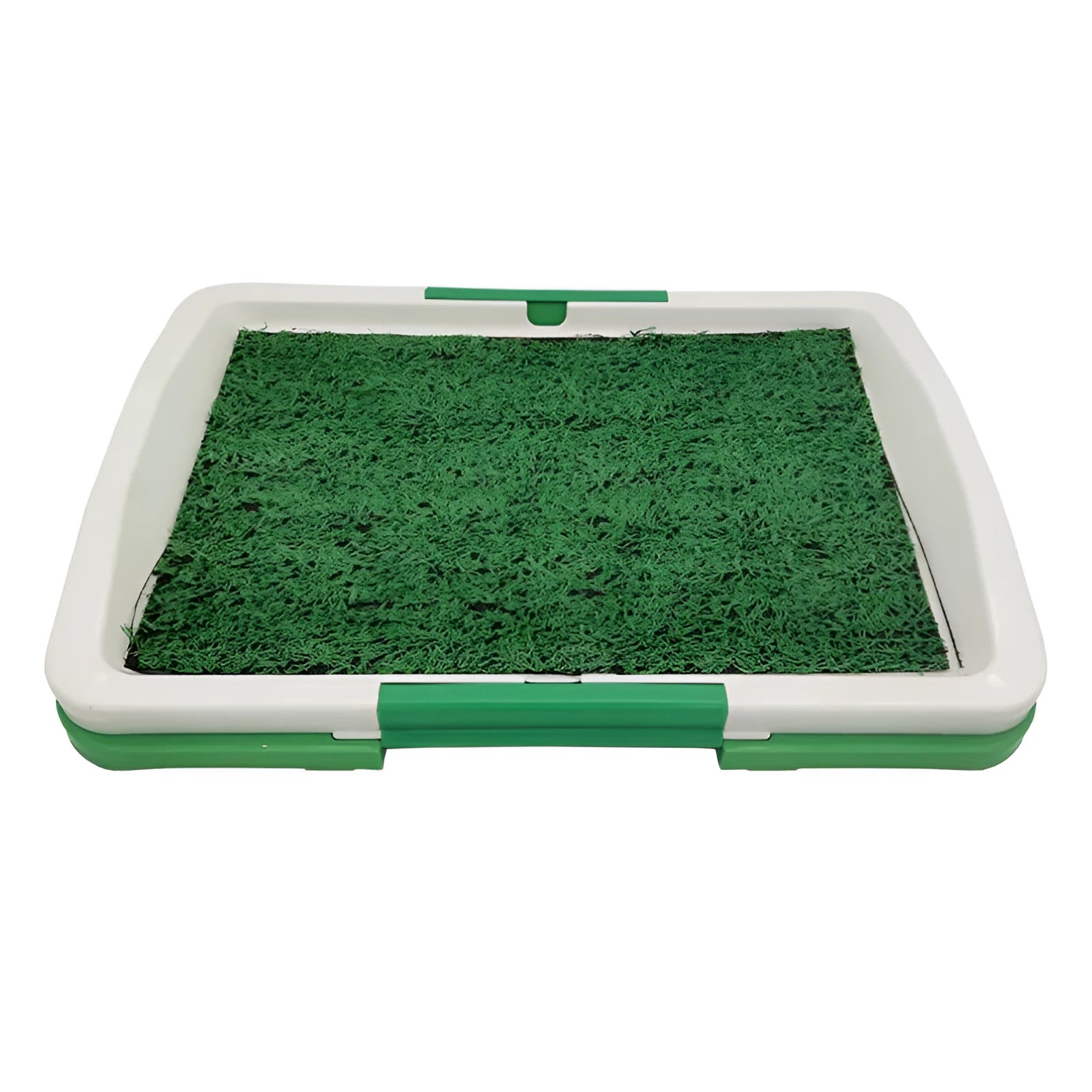 Green artificial turf dog grass patch with plastic base and drainage tray for indoor toilet training