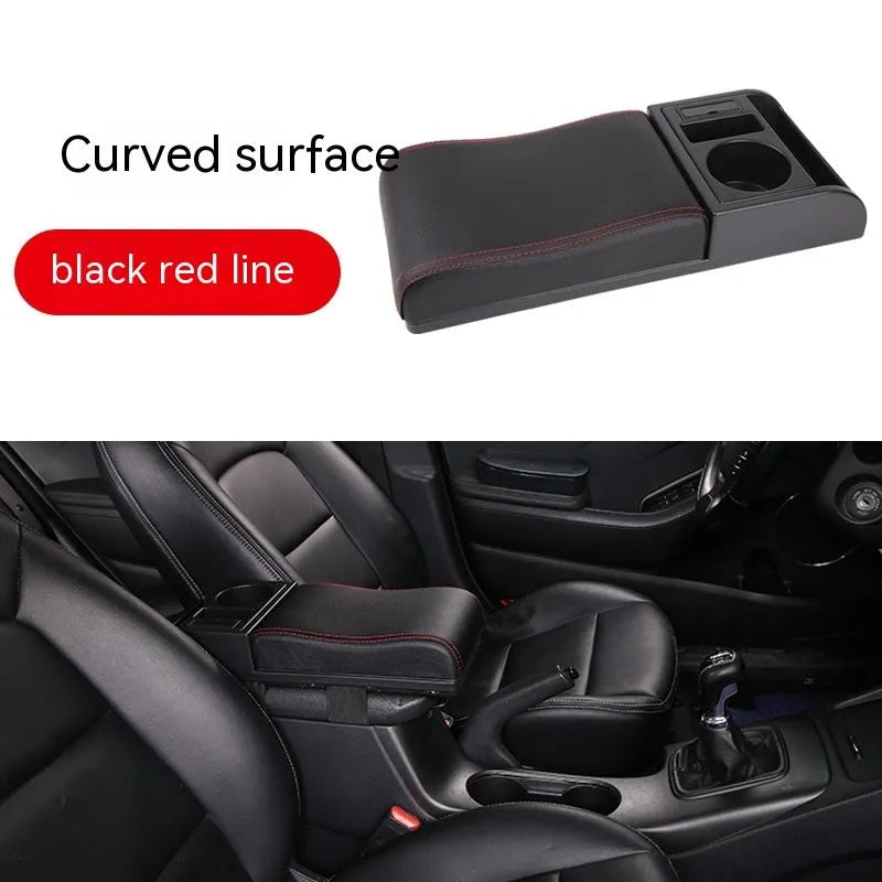 Universal automobile armrest box cover in black with red accent lines on car centre console