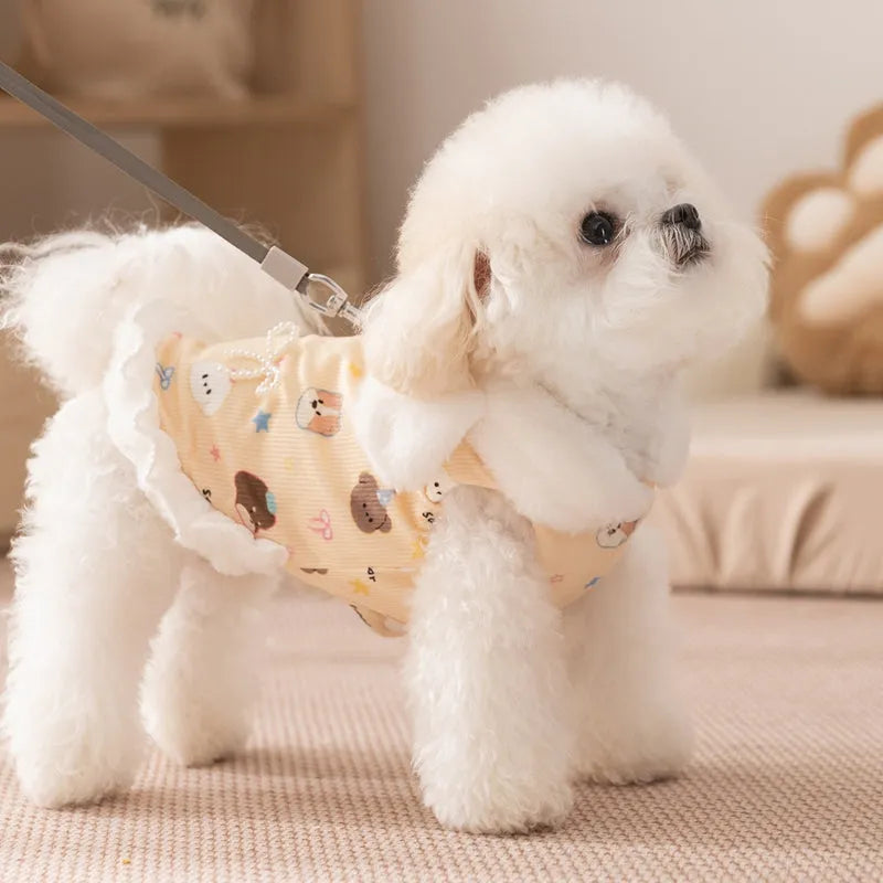 Winter fleece teddy dress with 3D ears for small dog in white, button closure and hood