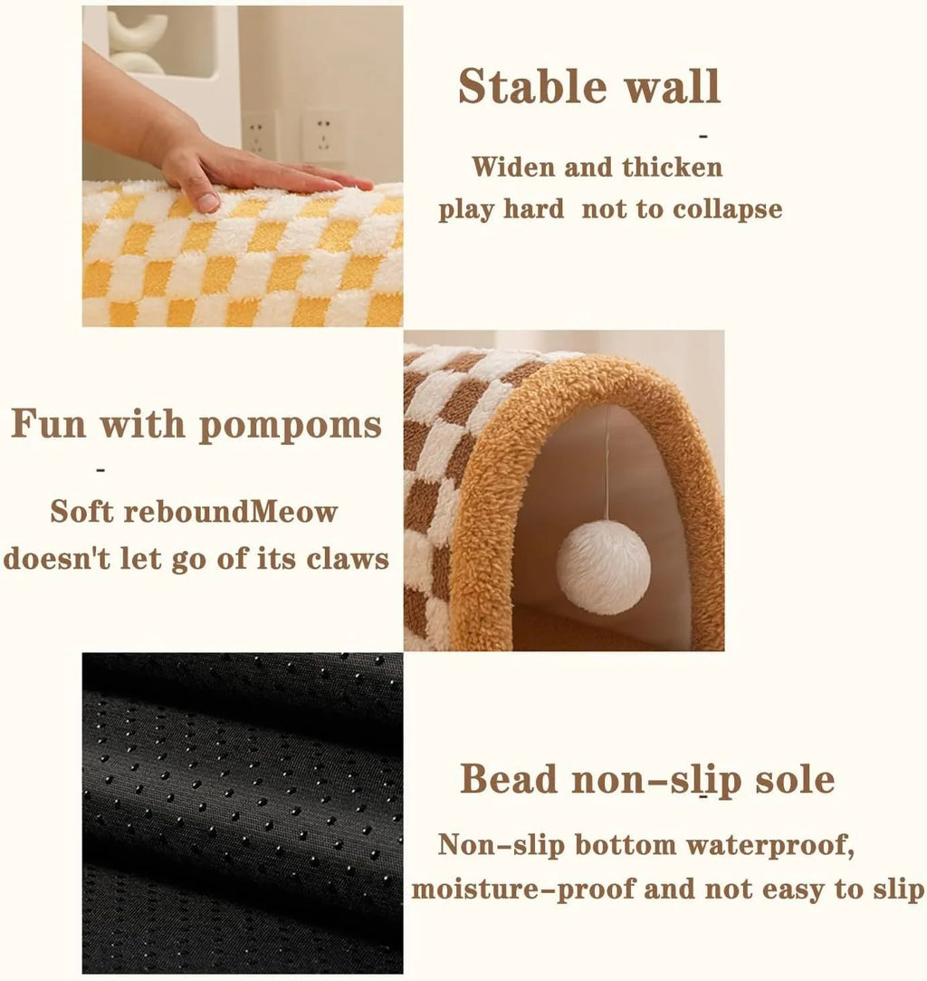 Brown plush plaid cat tunnel bed with central mat showing tunnel opening and non-slip bottom