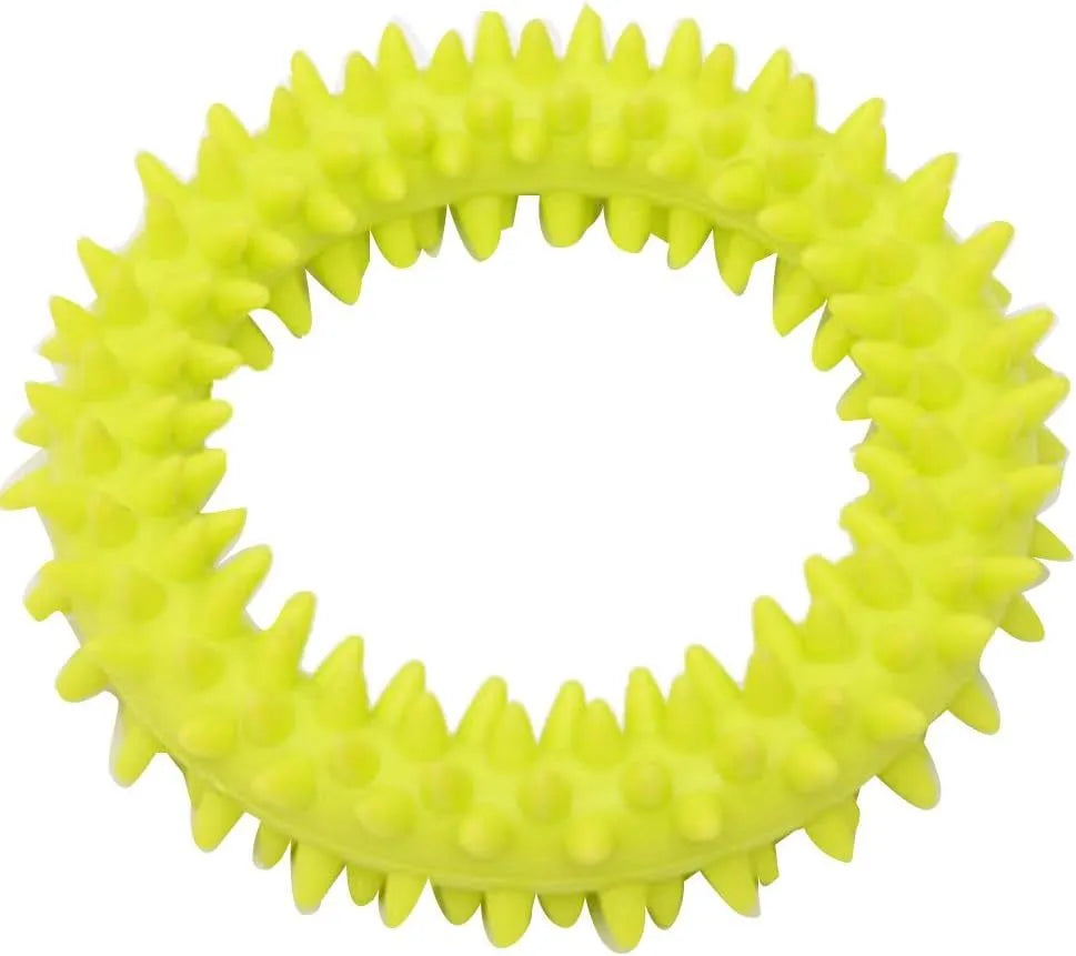 Blue spiky TPR ring dog chew toy for dental cleaning on a white background