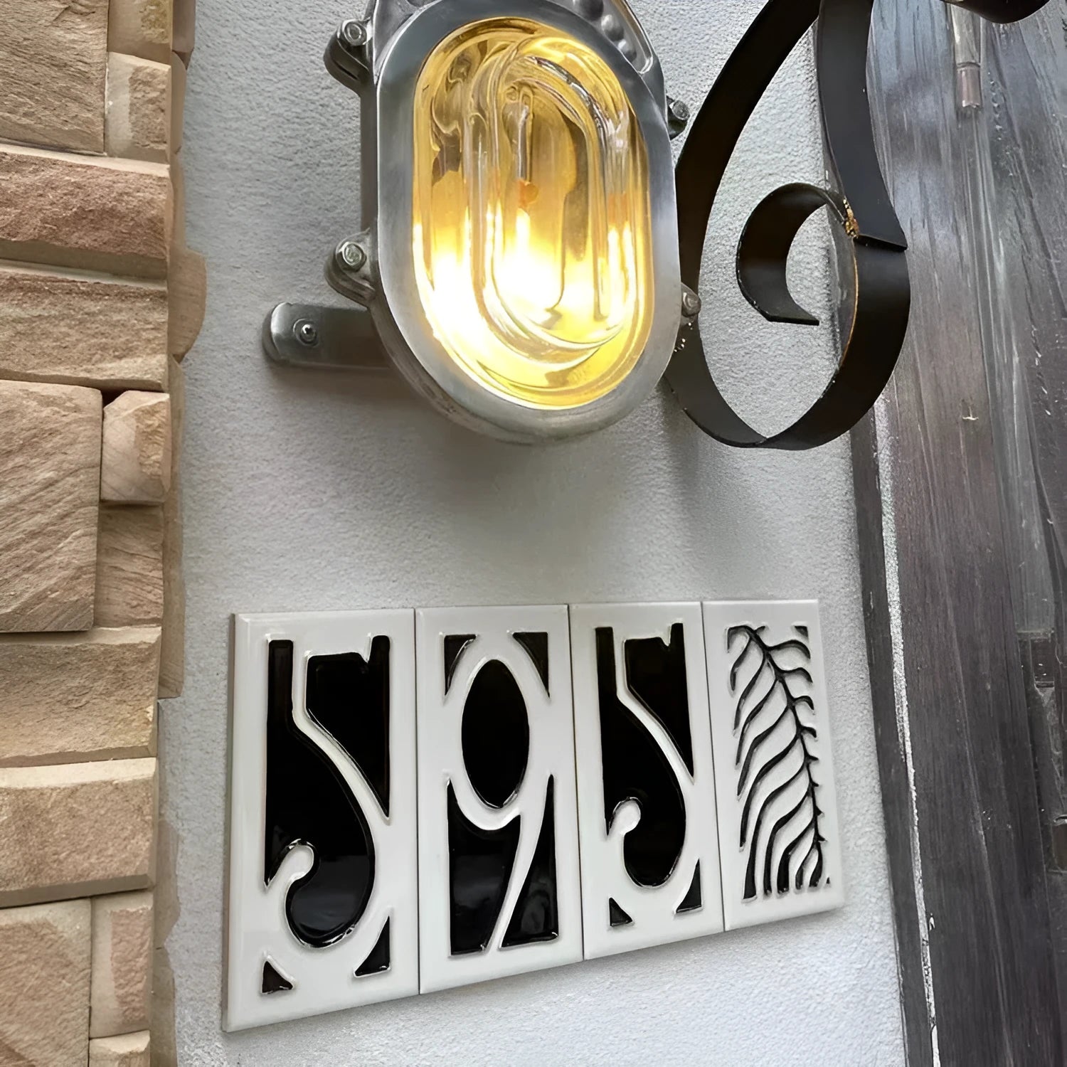 Handmade ceramic retro doorplate with enamel number, 76mm by 152mm.