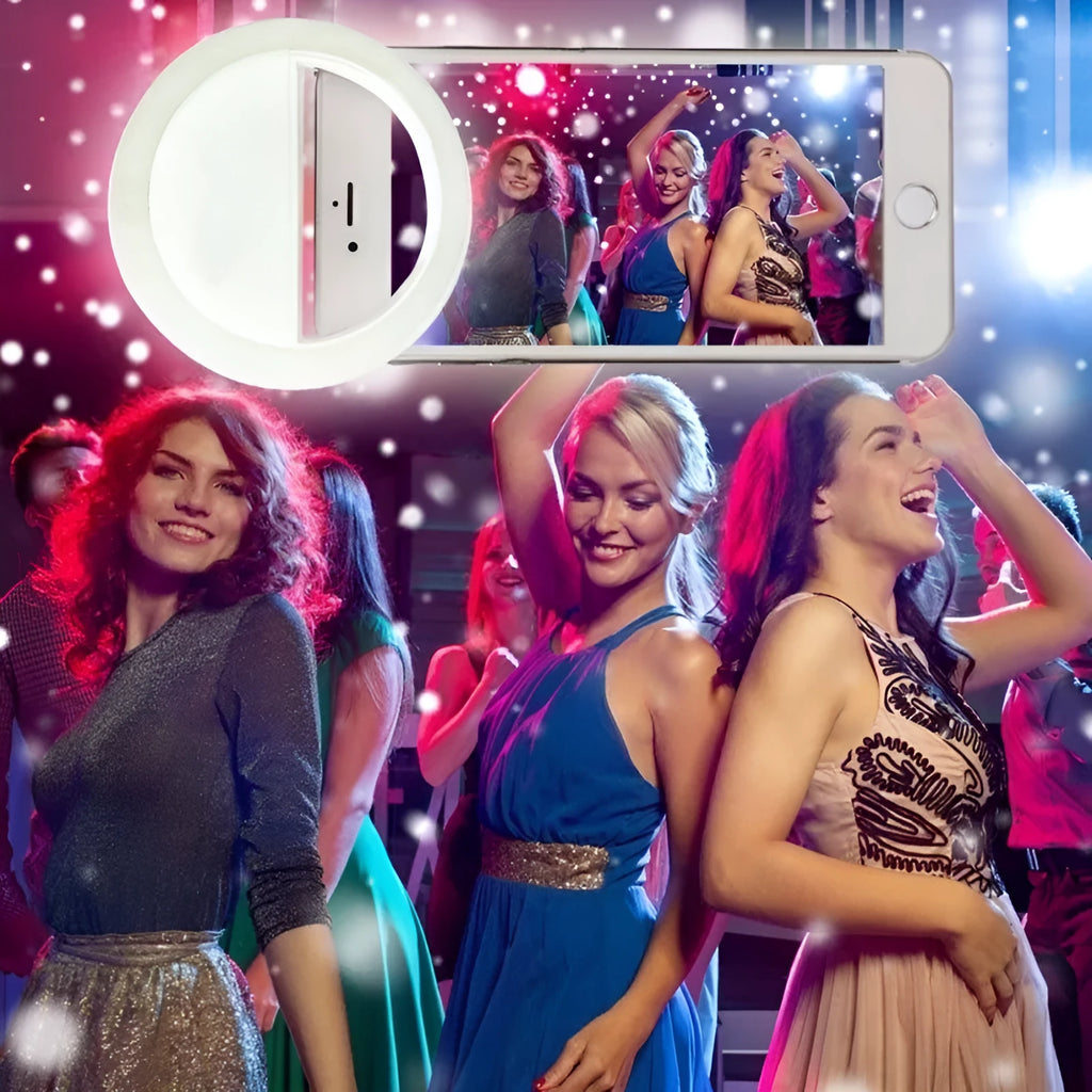 Green clip-on selfie ring light attached to mobile phone showing LED bulbs and anti-slip sponge padding