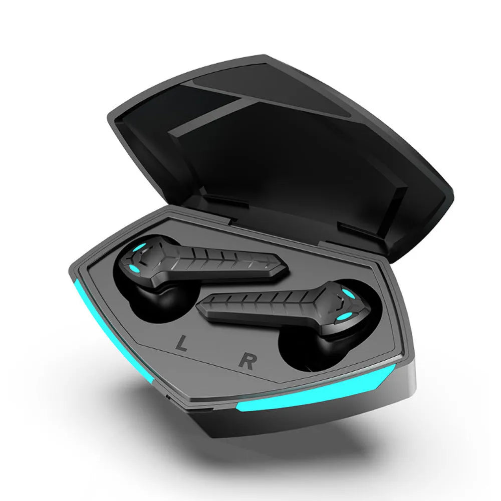 X15 wireless Bluetooth in-ear gaming headphones with charging case, shown in available colours.