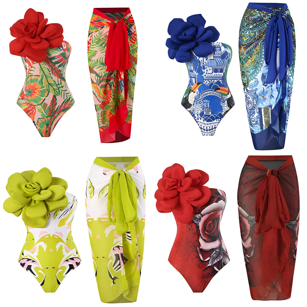 Blue printed one-piece swimsuit for women with an attached long gauze skirt.