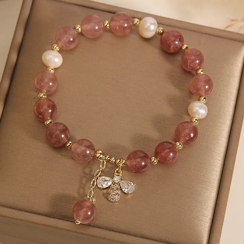 Strawberry quartz freshwater pearl bracelet with zircon alloy clasp in Japanese Korean style