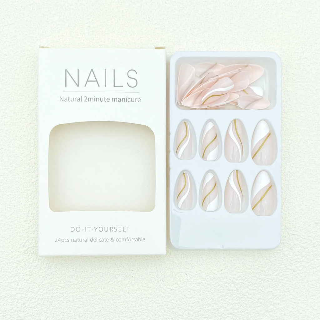 Wearable nail stickers with plaid pattern in medium drop shape, includes plastic application armour
