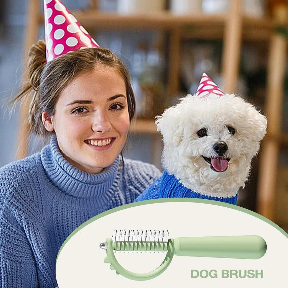 Blue dinosaur-shaped self-cleaning pet grooming brush with double-sided stainless steel pins on a white background.