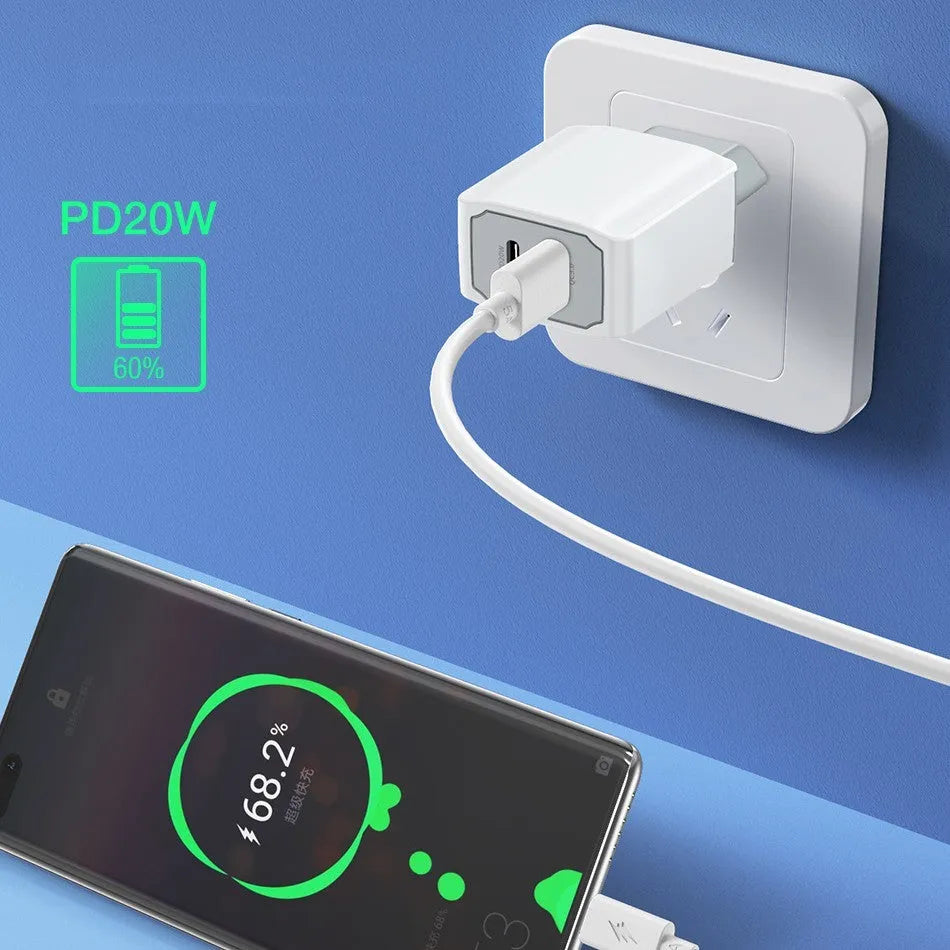 White USB fast charger set with European standard cable and compact charging head