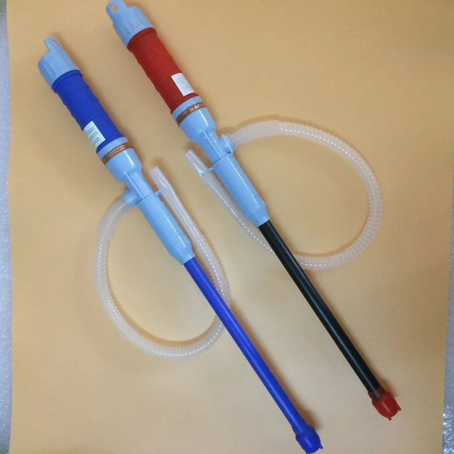 Blue manual hand pump siphon for fuel and liquid transfer with PP plastic construction.