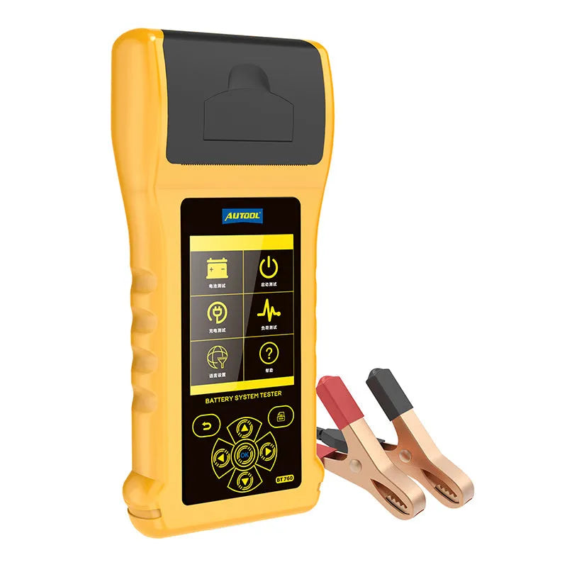 Autool BT760 colour screen vehicle battery tester with clip leads and printed diagnostic receipt.