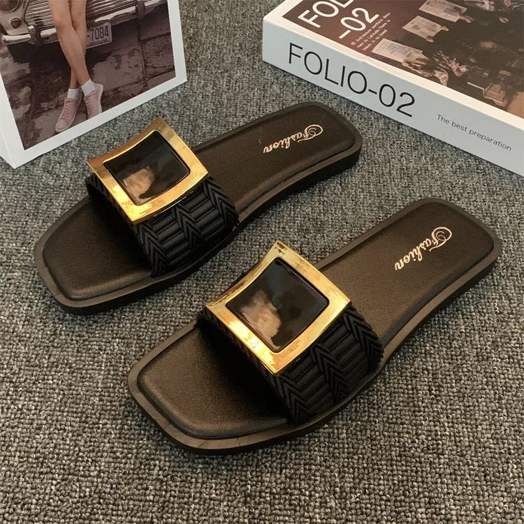 Women's casual flat slipper in apricot colour with a smooth PVC sole.