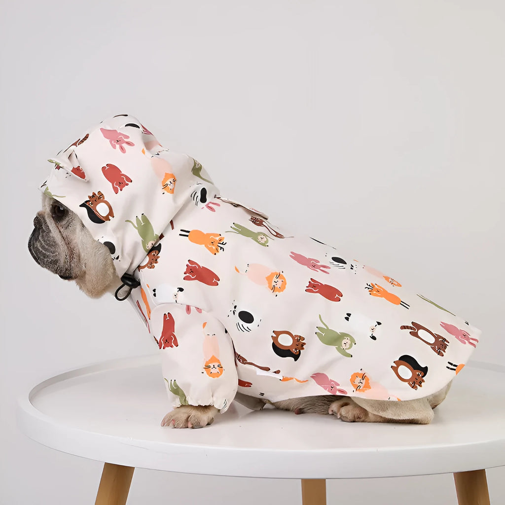 Beige cartoon dog raincoat with animal design showing front leg sleeves and back coverage