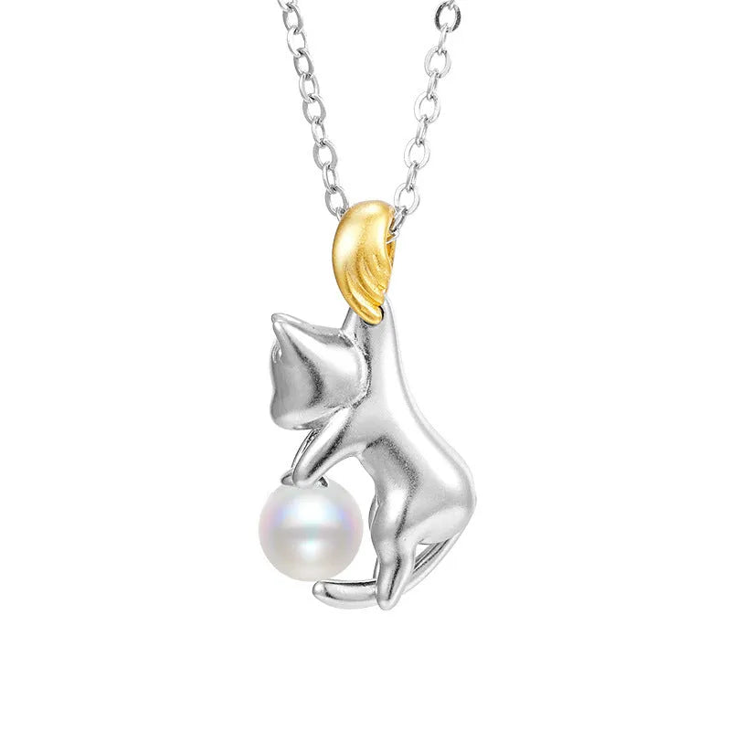 925 sterling silver clavicle chain necklace with electroplated cat charm pendant