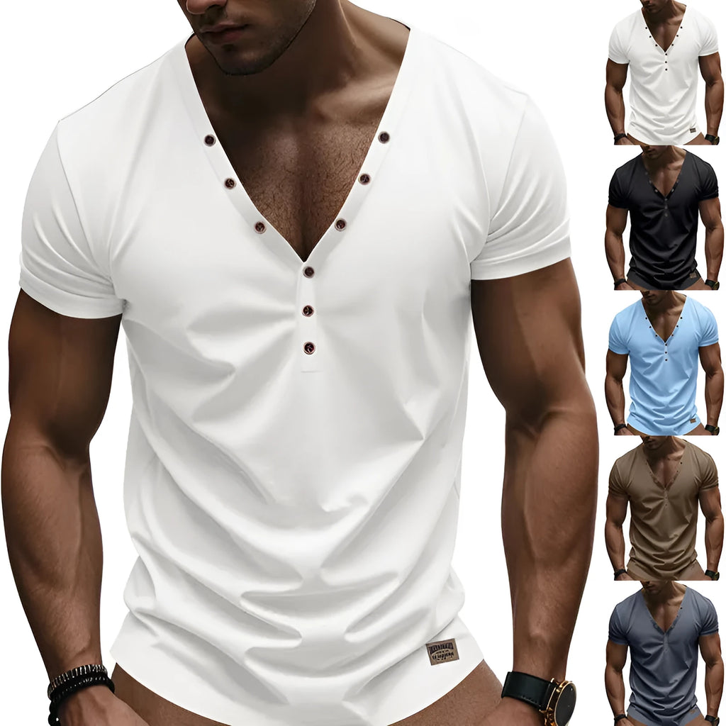 Men's loose V-neck pullover top in light blue with button detail, shown for sports casual wear.