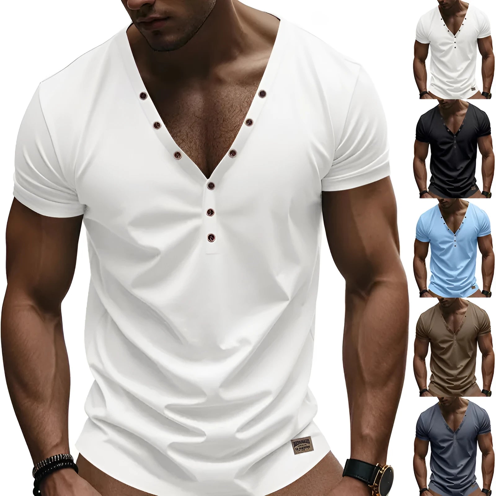 Men's loose V-neck pullover top in light blue with button detail, shown for sports casual wear.