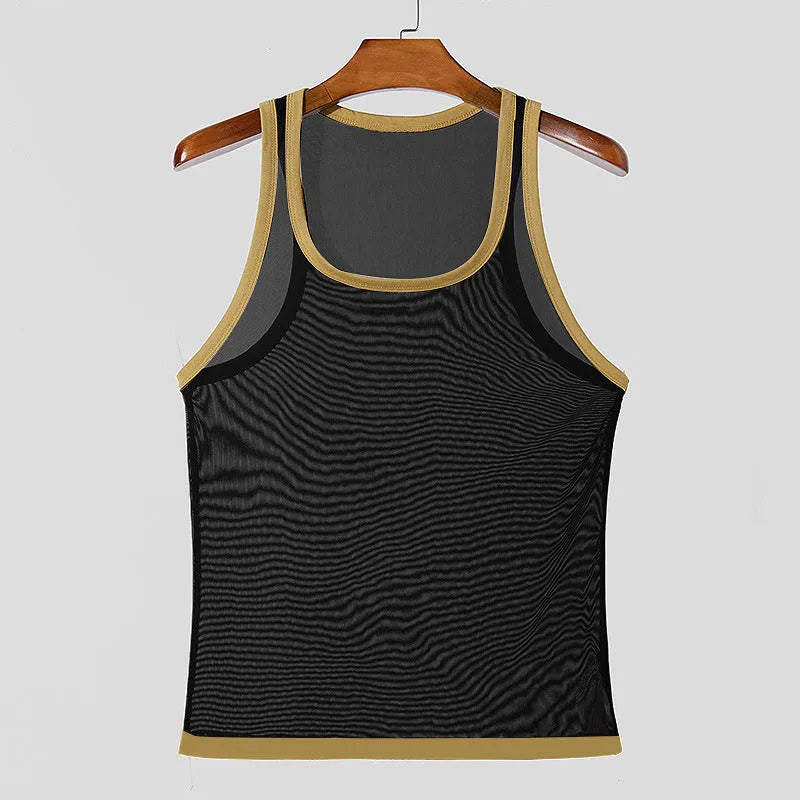 Men's black mesh sports vest with straight hem design, shown front view