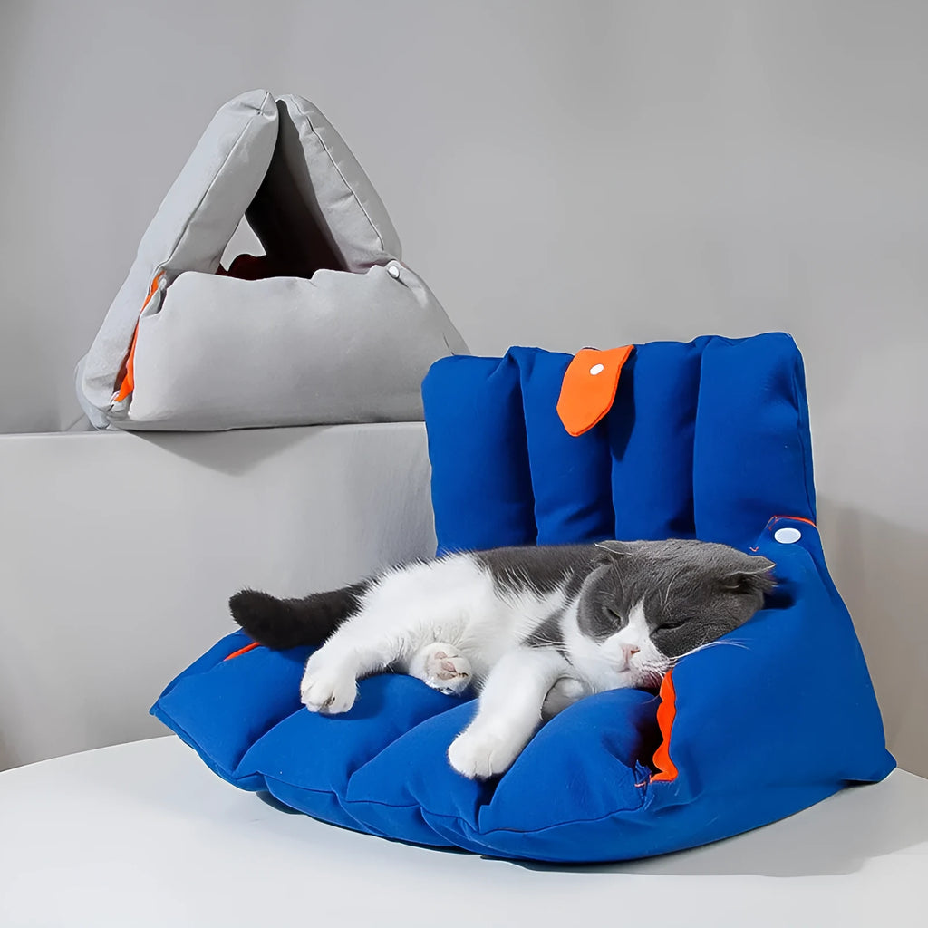 Blue triangular cat bed with removable cotton cover and side combination holes