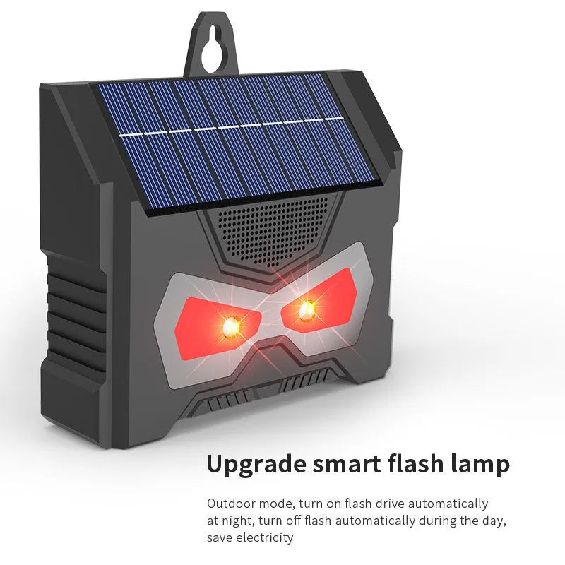 Black solar ultrasonic animal repeller device for outdoor pest control with animal-themed design