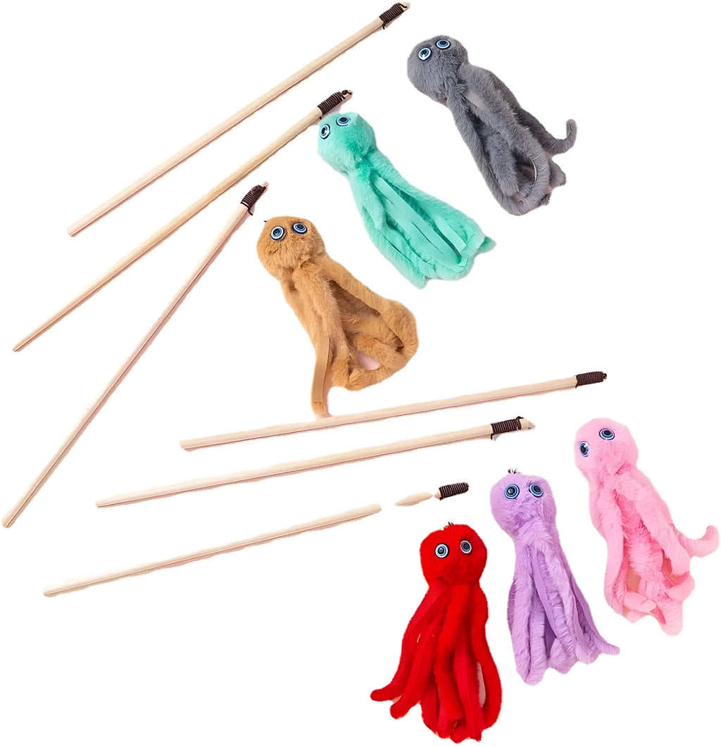 Octopus-themed furry cat toy with realistic eyes on 40cm flexible stick in pink colour