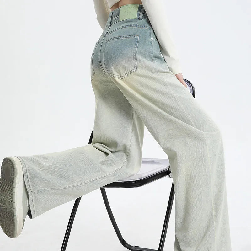 Gradient blue straight-leg wide-leg women's denim trousers laid flat
