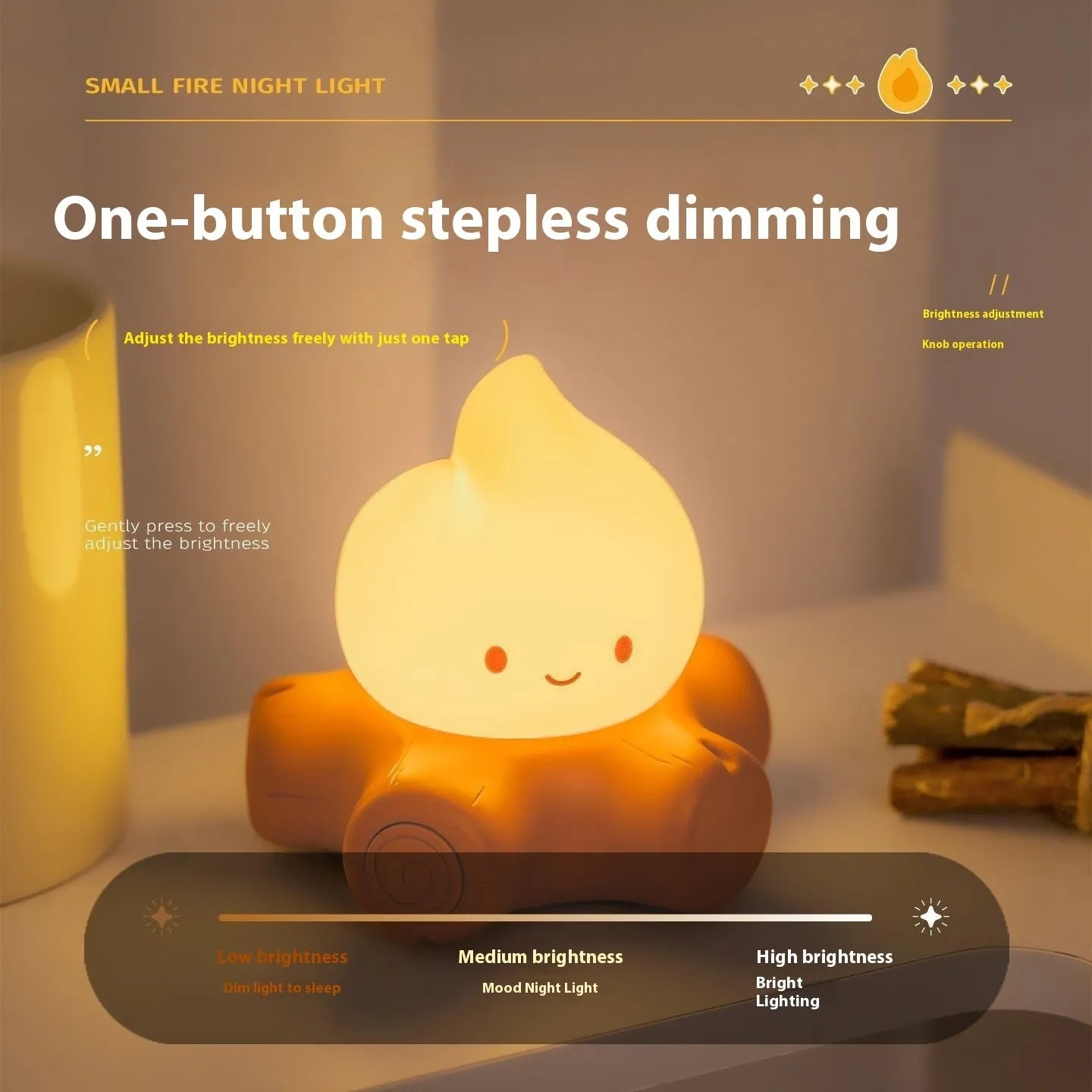 Cartoon-style silicone night light with ABS shade showing yellow illumination and Chinese characters