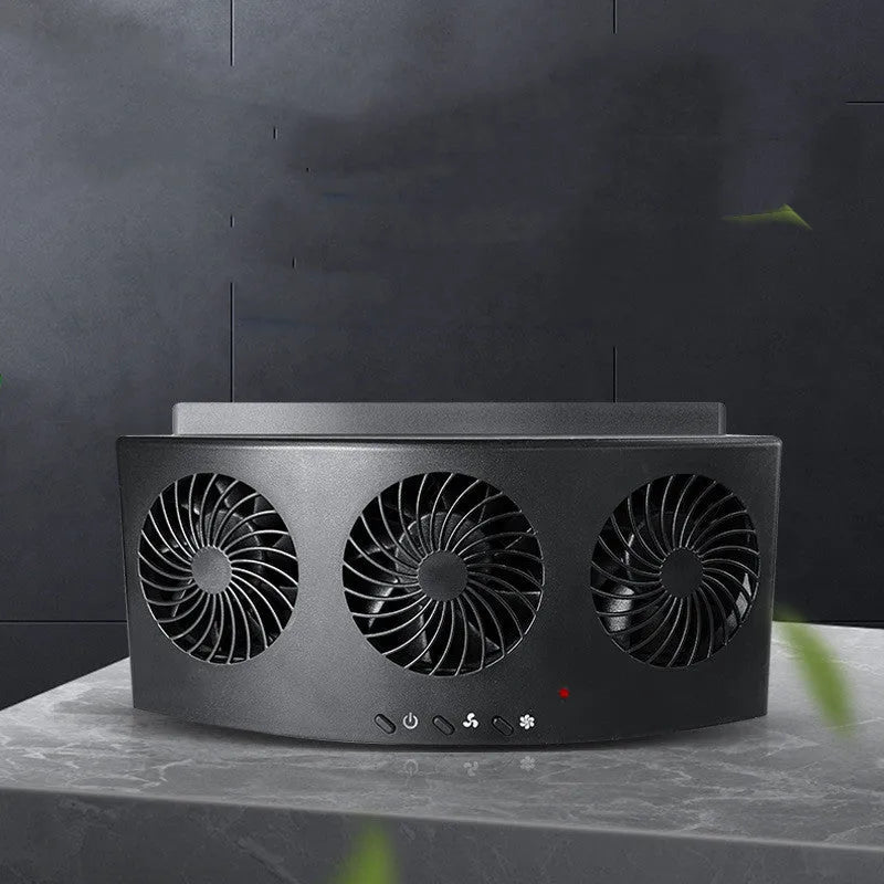 Black and white USB-powered car ventilation fan for interior air circulation and odour reduction