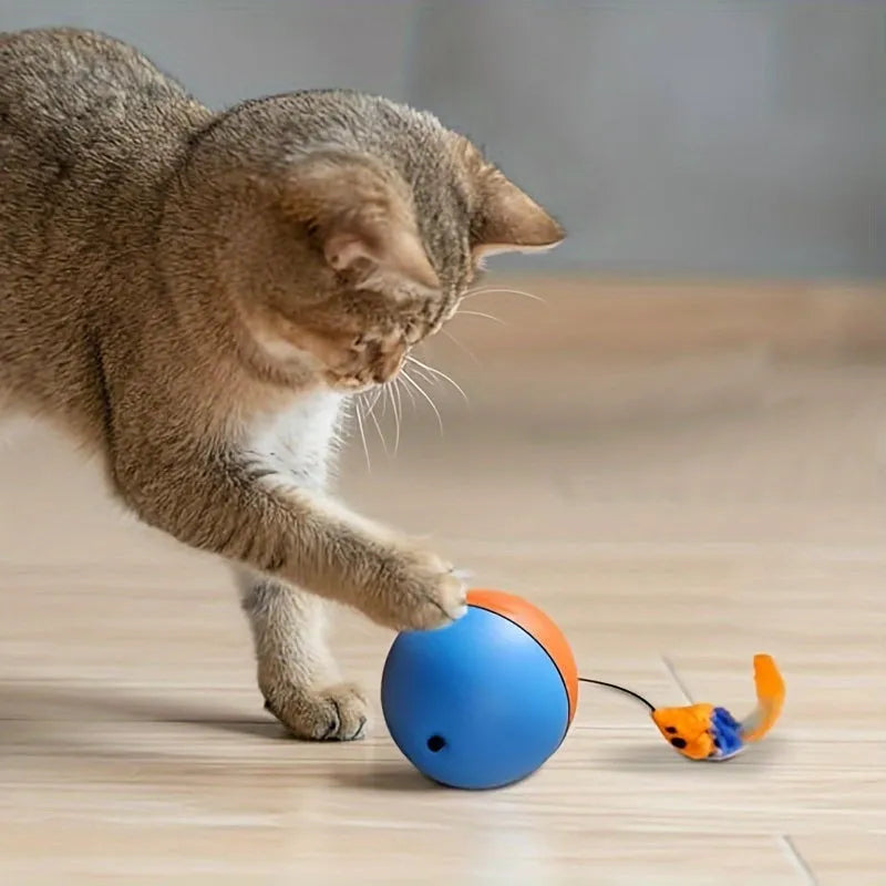 Interactive cat toy ball plush mouse with two removable tails in blue and orange colours