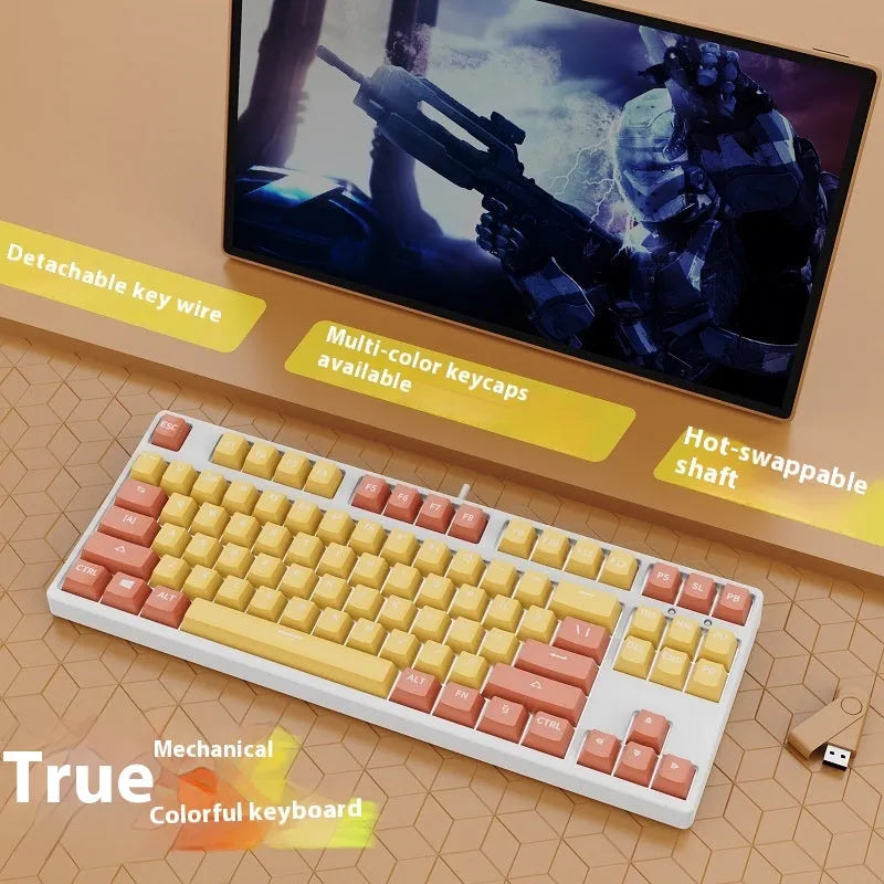87 key wired mechanical keyboard with two-colour keycaps and metal frame, shown with key puller and switch removal tools