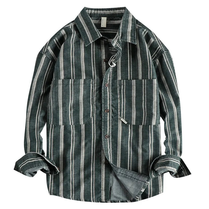 Men's vintage yarn-dyed striped casual shirt in loose fit Japanese retro style