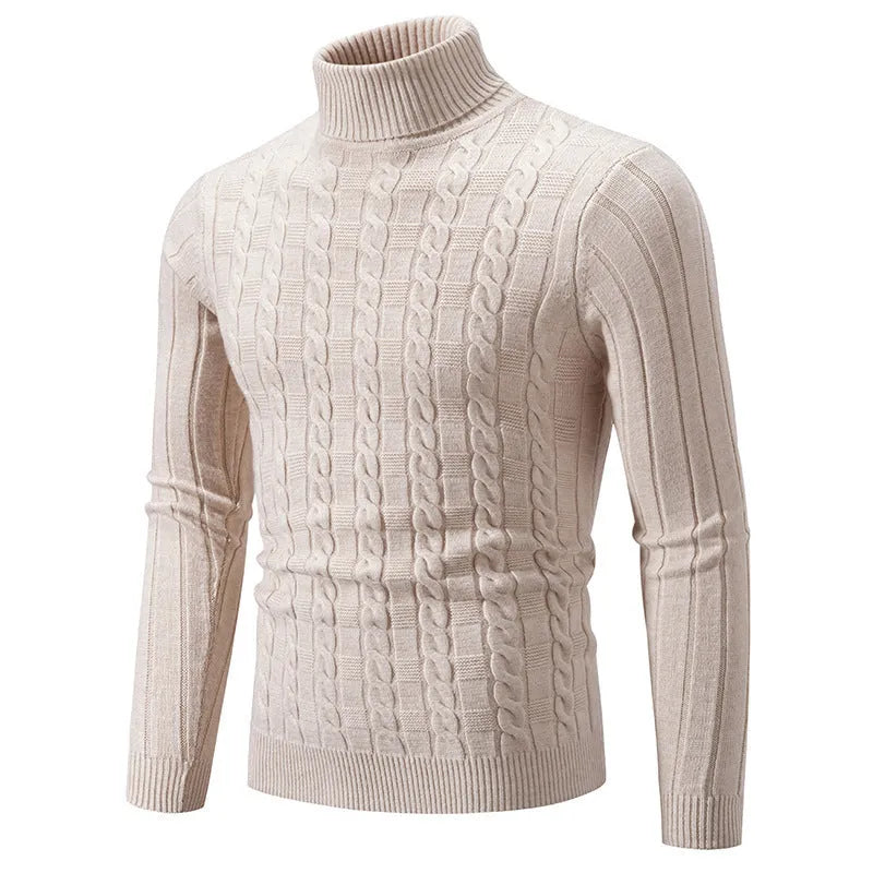 Men's slim twist turtleneck pullover sweater in chenille fabric showing colour options