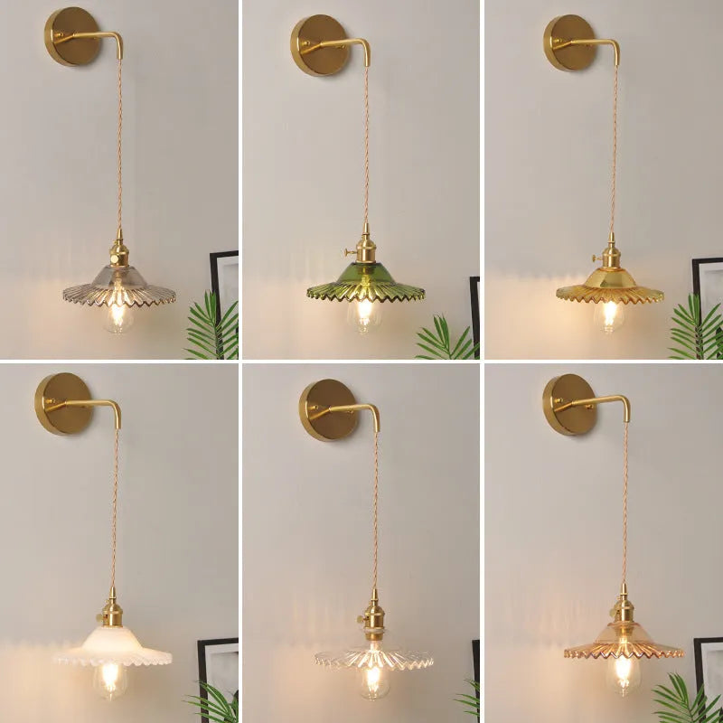 Retro brass lotus wall lamp with copper body and glass shade in six colour options