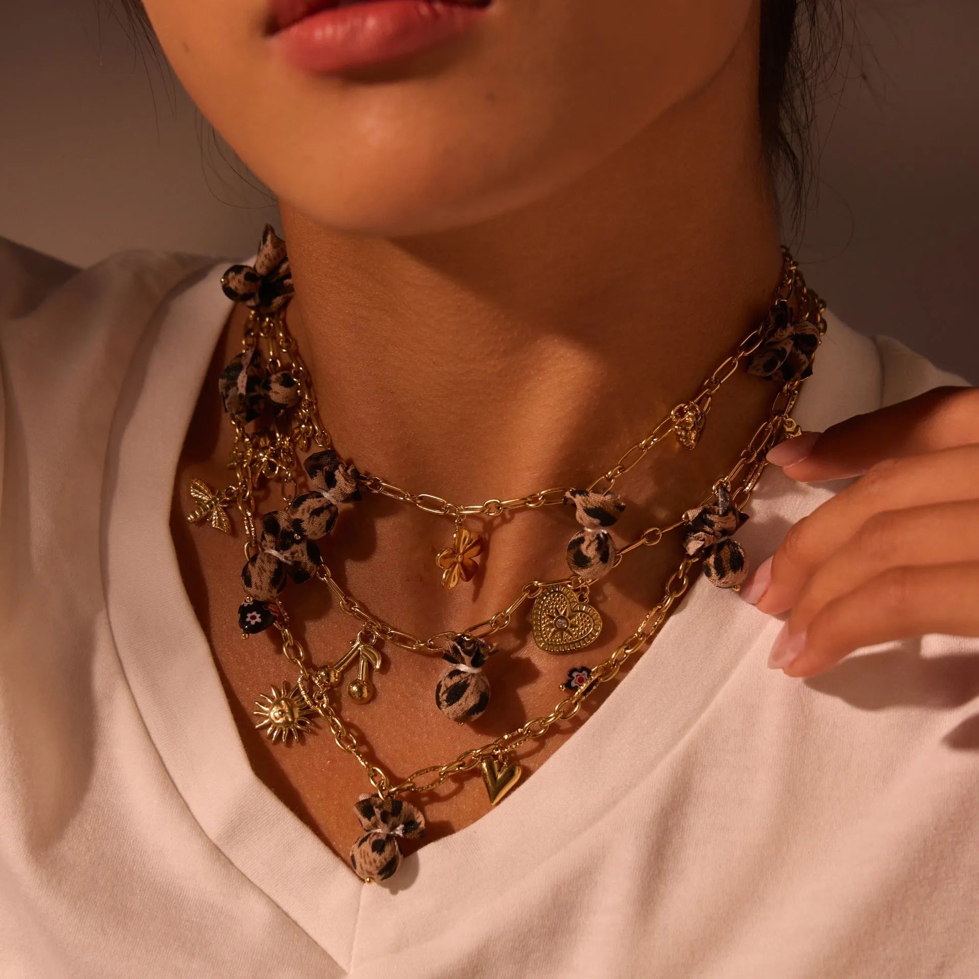 Leopard pendant with heart and flower elements on stainless steel necklace, electroplated 18K finish