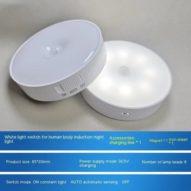 Small white circular USB rechargeable motion sensor LED night light with adhesive backing.