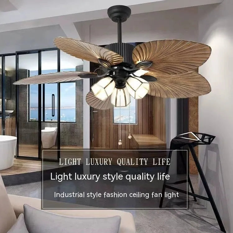 52-inch retro-style ceiling fan light with wooden blades and integrated LED lighting