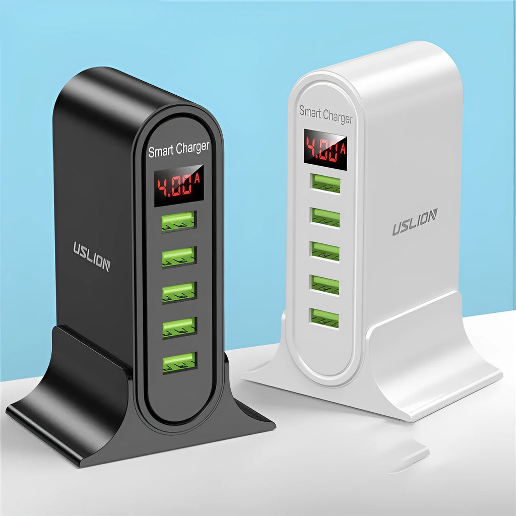 Smart USB charger with LED digital display showing charging status, available in black or white with UK EU US plug options