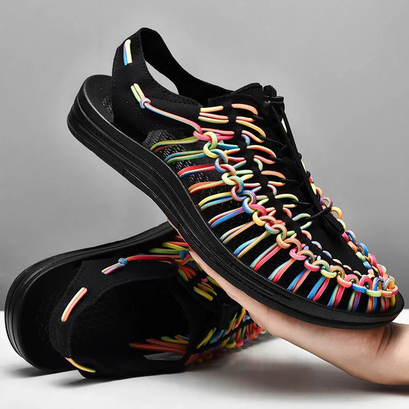 Woven Roman sandals with elastic drawstring tie in rainbow colour with rubber sole